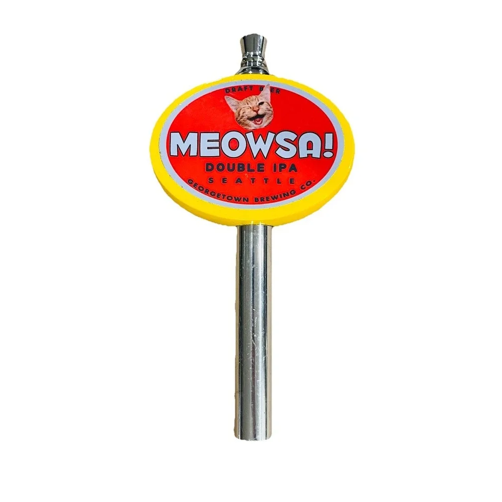 Georgetown Brewing Meowsa Double IPA Tap Handle. Brewed In Seattle Washington.